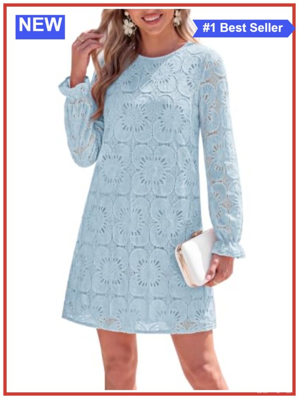 Crochet Floral Eyelet Lace Mini Dress Long Sleeve Lined
